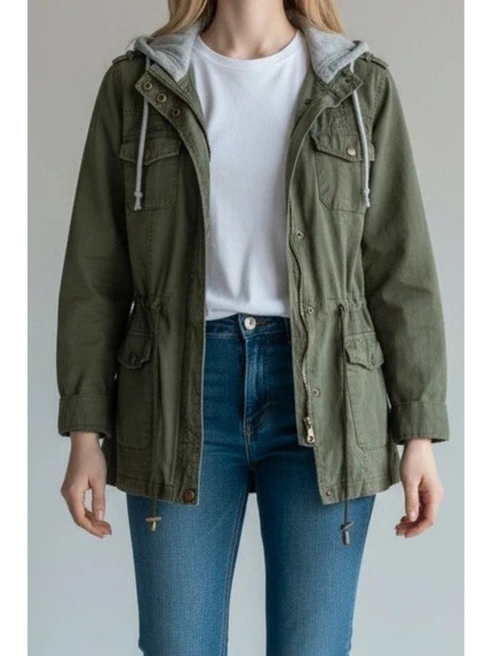 Outer Edge Olive Green Utility Jacket XL Hooded Anorak Parka Cinched Waist